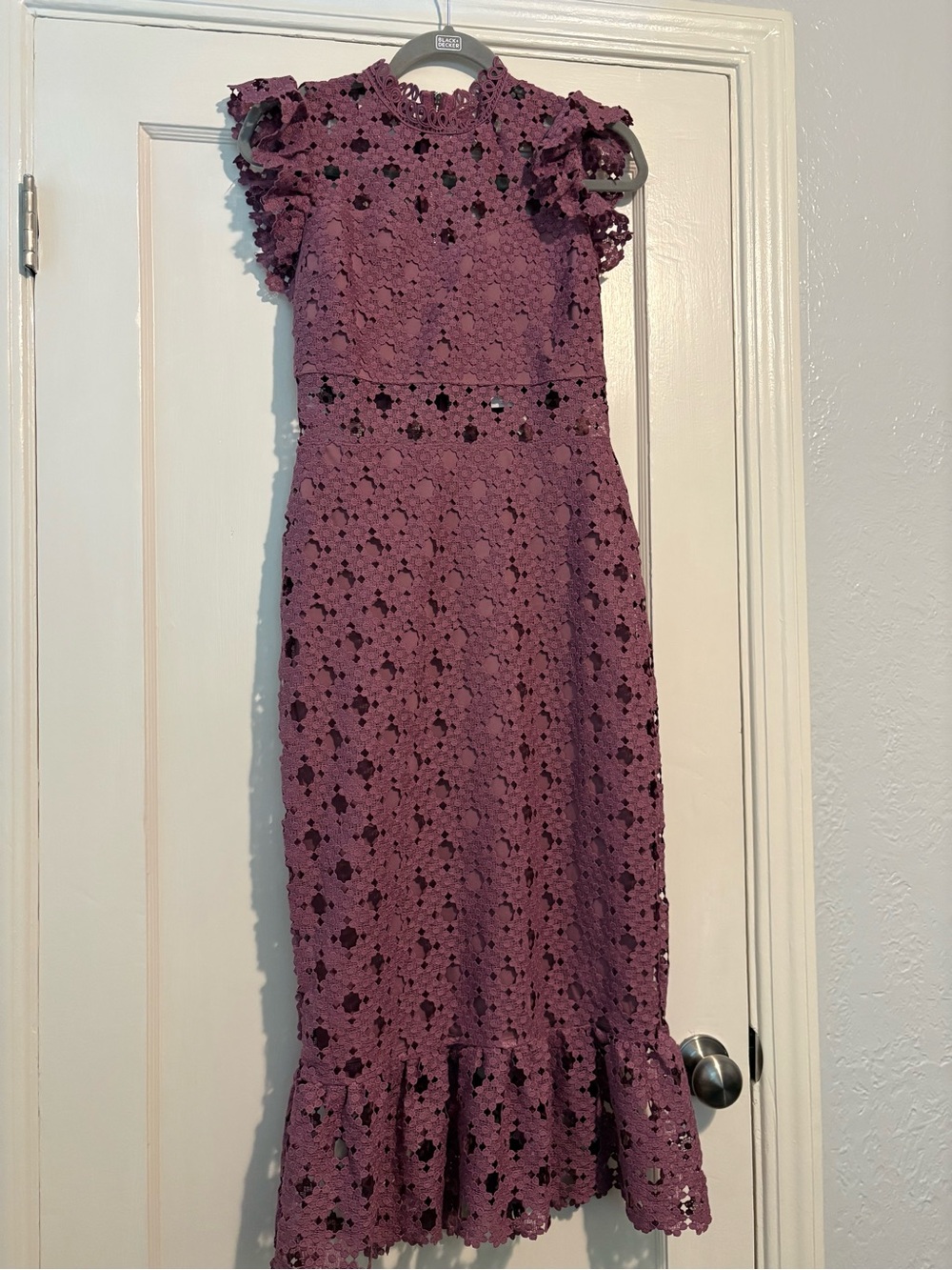 Just Me Mauve Lace Midi Dress with Ruffle Hem